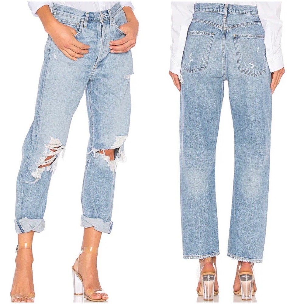 Agolde 90's Mid Rise Loose Destroyed Blue Denim Jeans Women Size 29 Button Fly